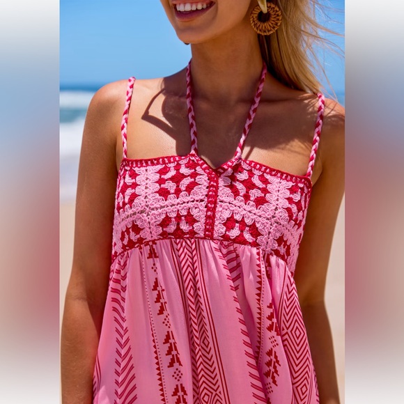 Pink Boho Square Neck Sleeveless. Dress Pink and Red Patterned Maxi Dress - Picture 4 of 7